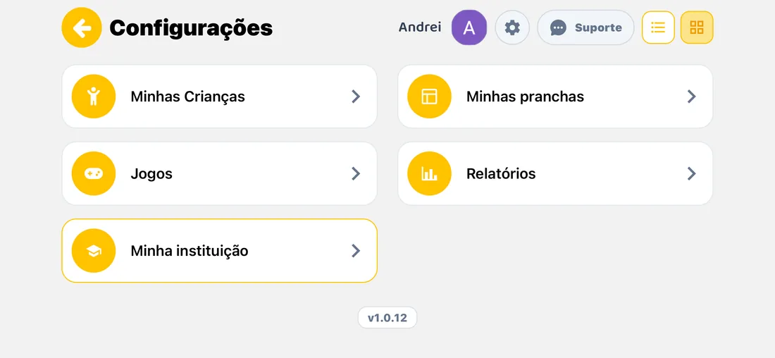 Tela de configurações do Autkids